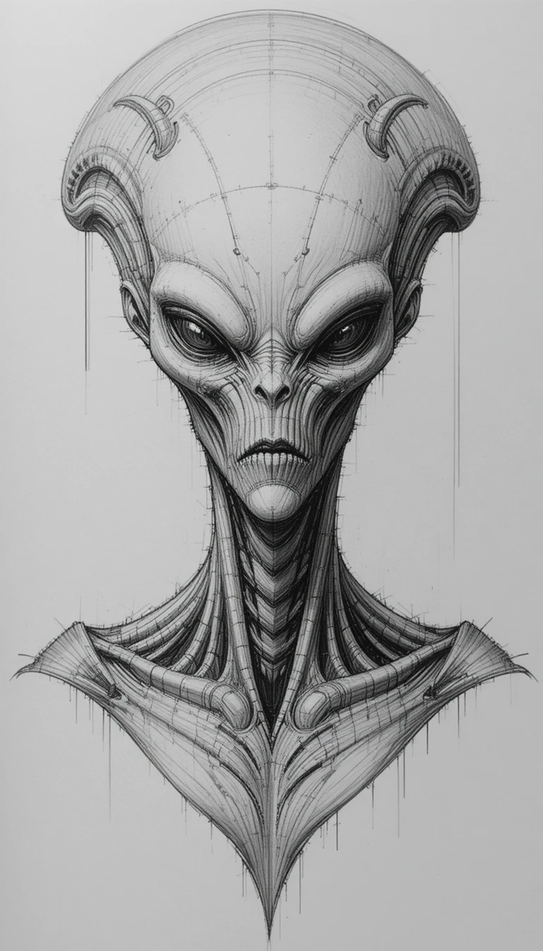 Bleistiftzeichnung einer unheilvollen Alien-Büste mit verlängertem Kopf
