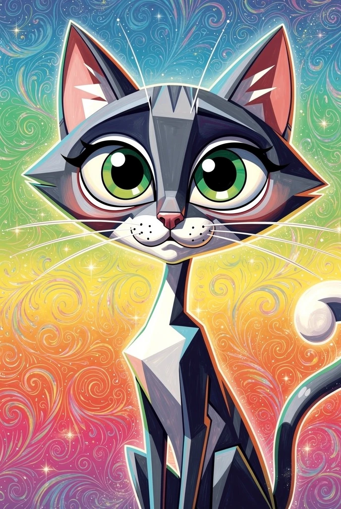 Chat cartoon cubiste en gros plan sur fond psychédélique arc-en-ciel