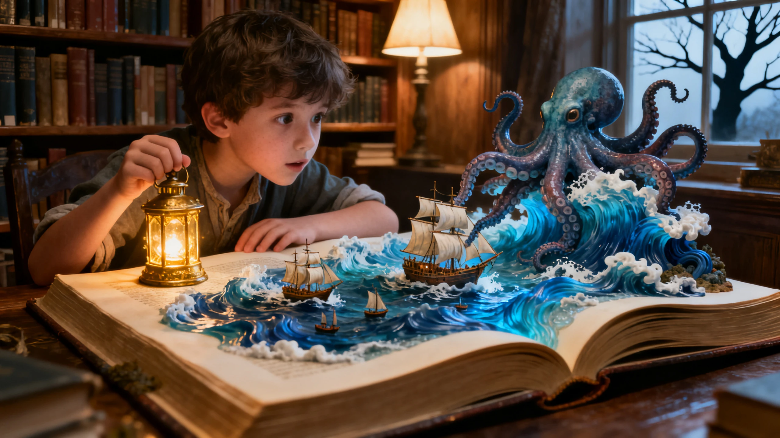 Menino Descobrindo um Mundo Oceânico Mágico Dentro de um Livro