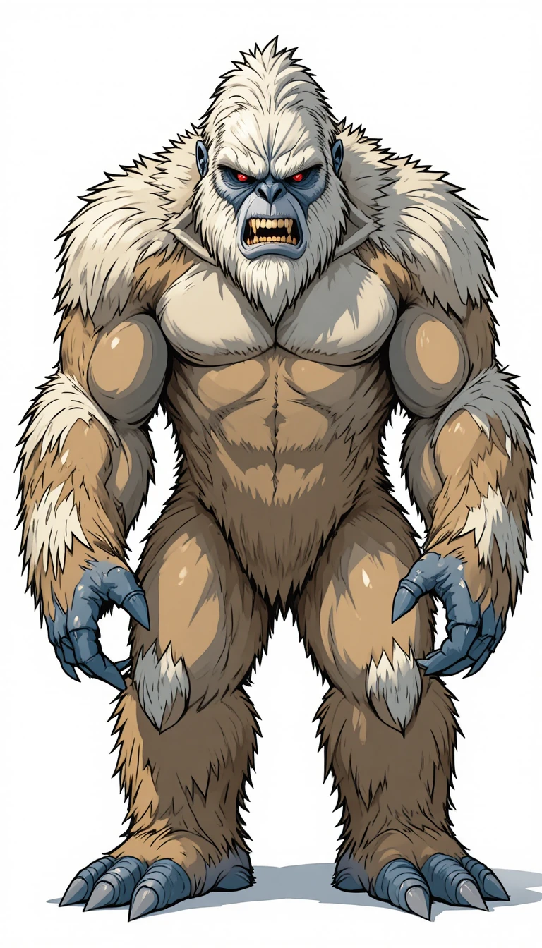 Yeti em desenho animado com olhos vermelhos ferozes em fundo branco