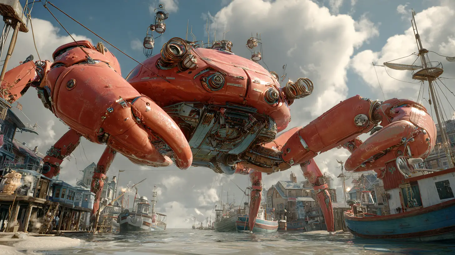Granchio Cyborg Gigante Attacca un Villaggio sul Mare in Tempesta