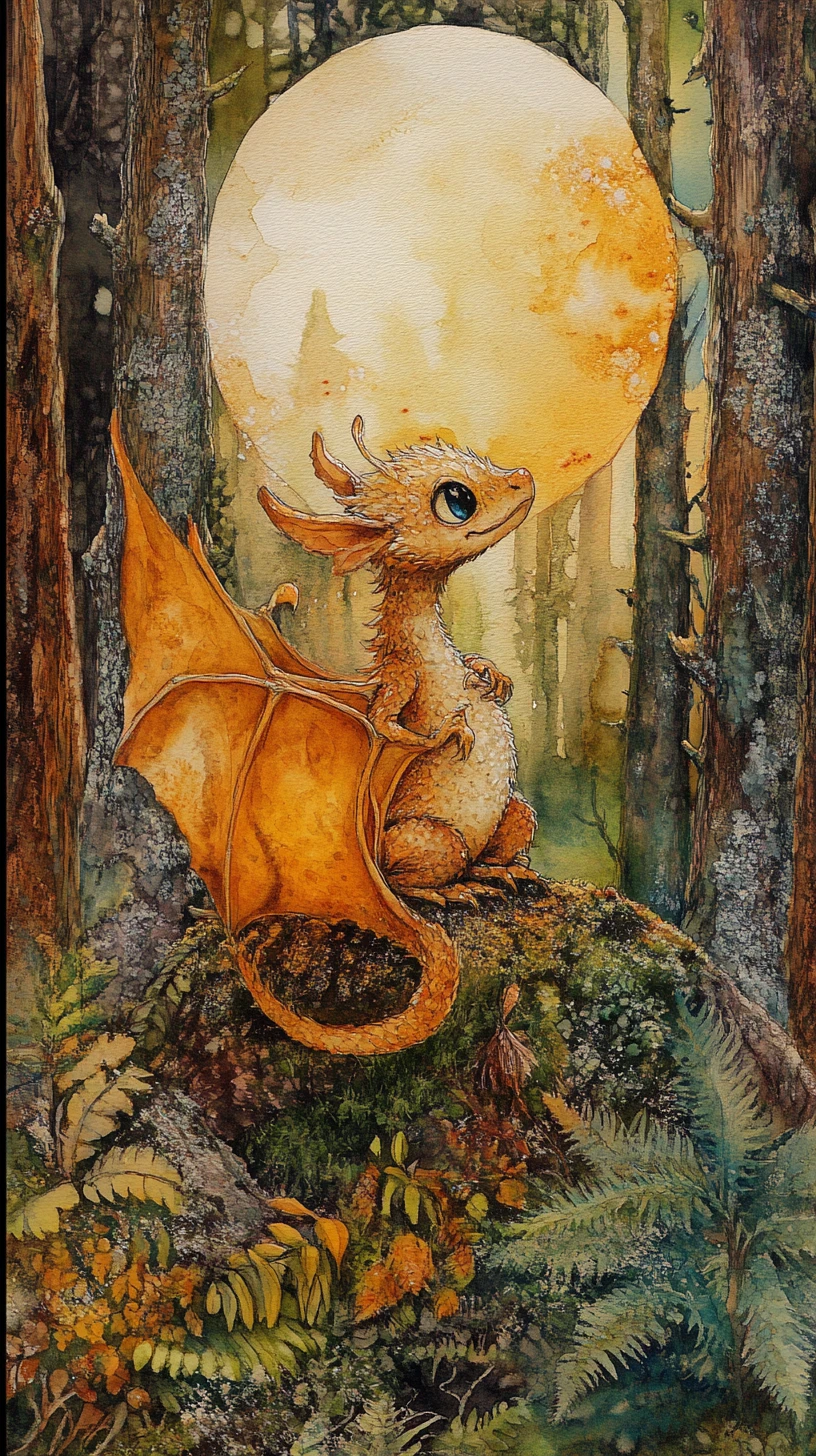 Niedliches Babydrache schlüpft aus einem Ei im mondbeschienenen Wald