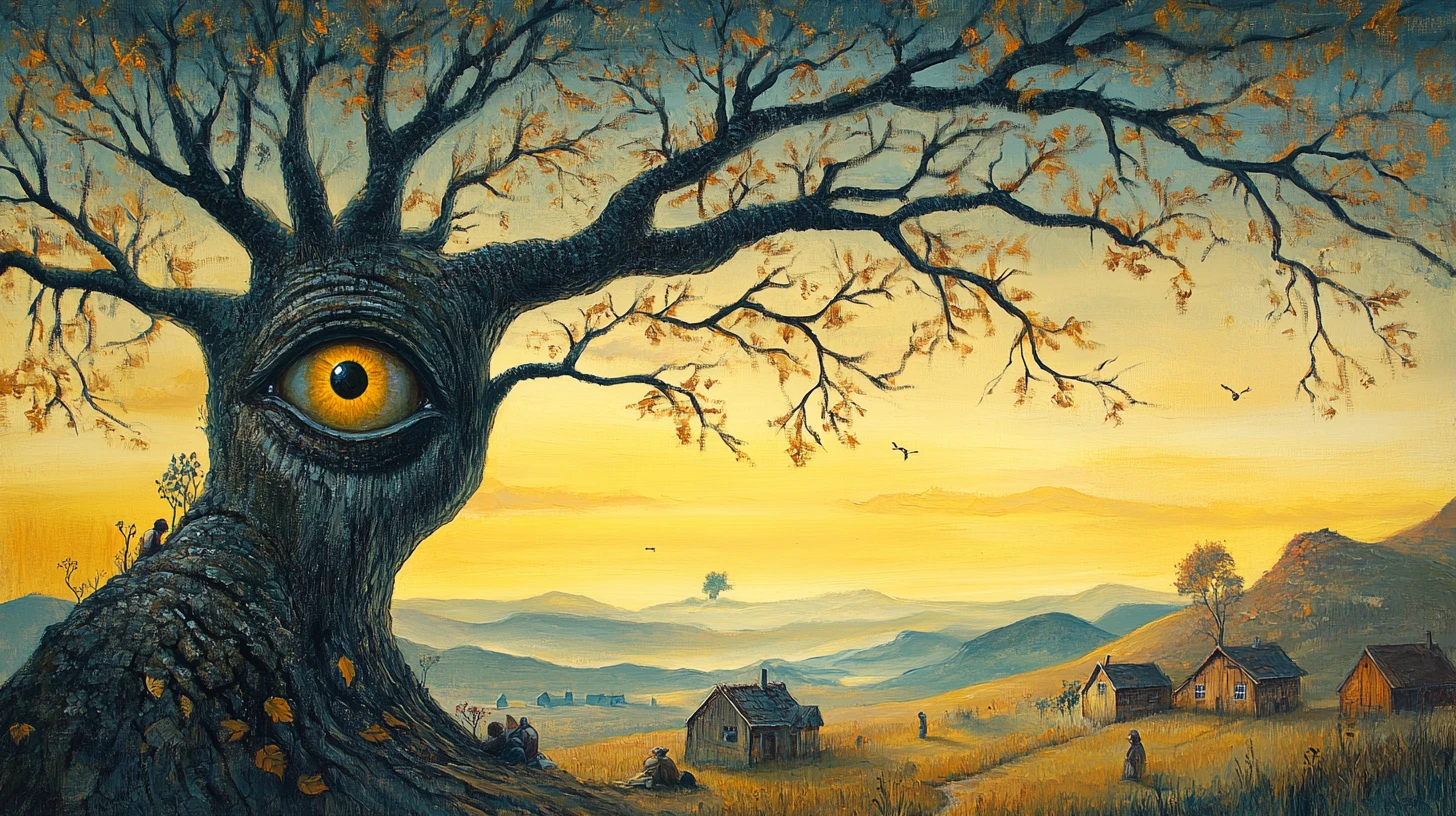 Árbol alto con nudo hueco en un paisaje folclórico surrealista