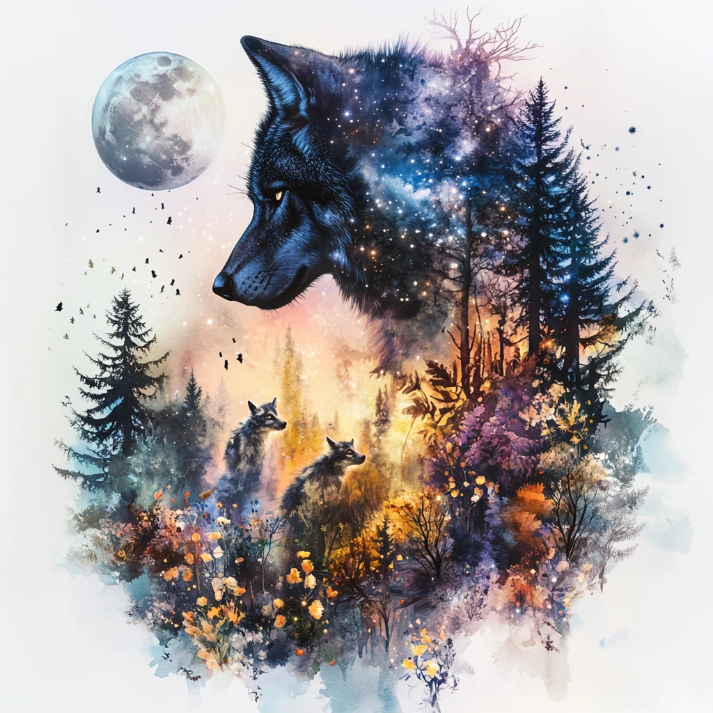 Lobos etéreos em dupla exposição em uma floresta ao luar