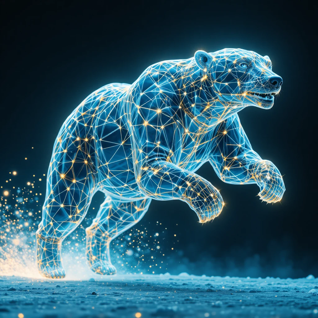 Urso‑polar correndo em ilustração de malha geométrica brilhante