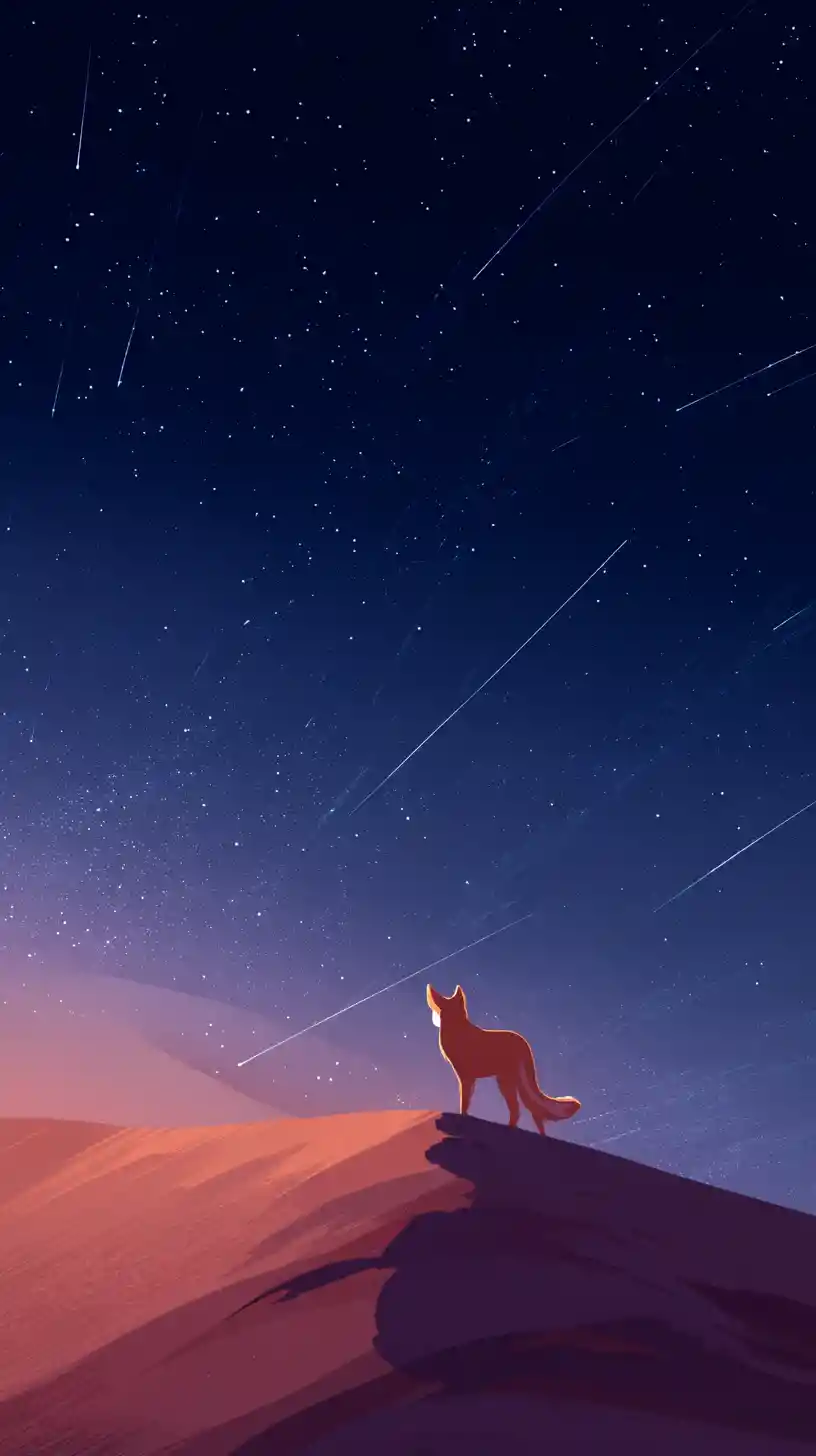 Lone fennec fox on desert dune under meteor shower