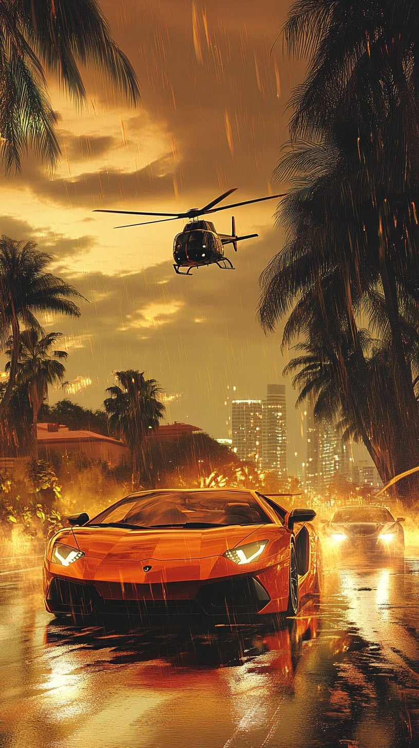 Carro esportivo em alta velocidade ao lado de helicóptero em cena de transporte rápido