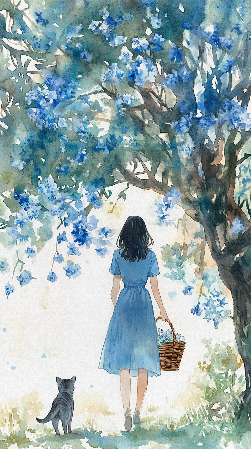 Ragazza in abito blu che cammina con un gatto sotto un albero in fiore