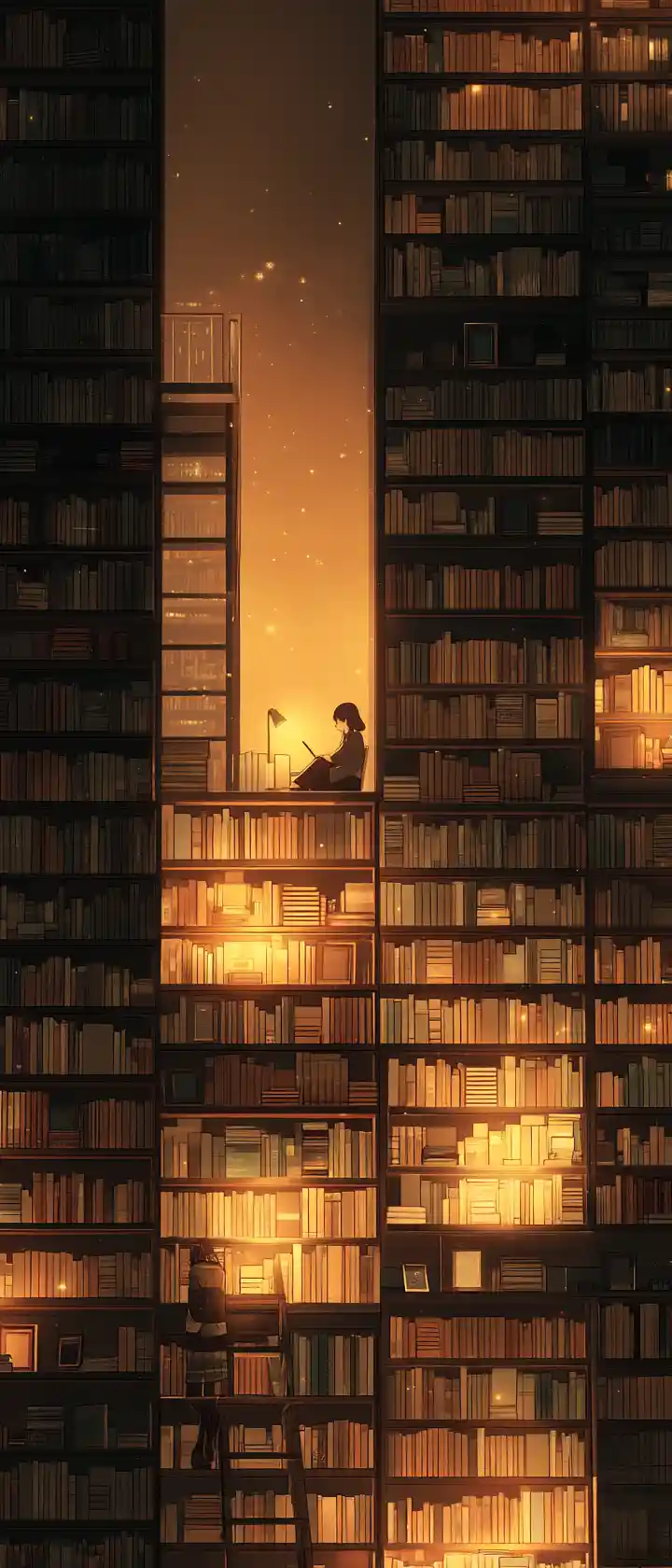 Anime librarian opening books in a dimly lit library