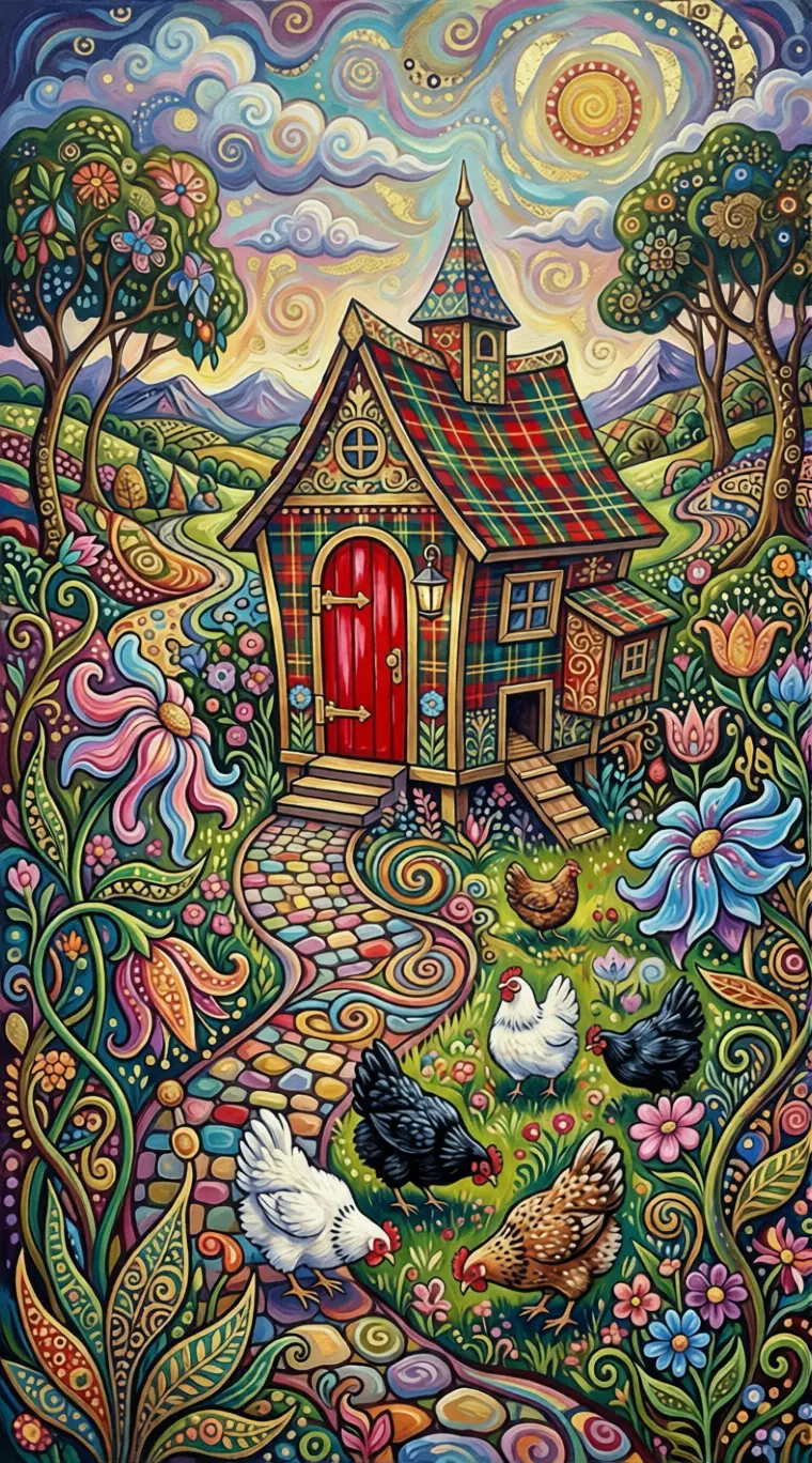 Poulailler surréaliste aux murs tartan dans un jardin luxuriant