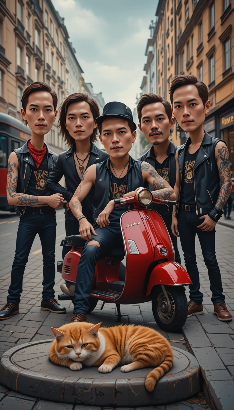 Band rock attorno a uno scooter rosso in una strada di città europea