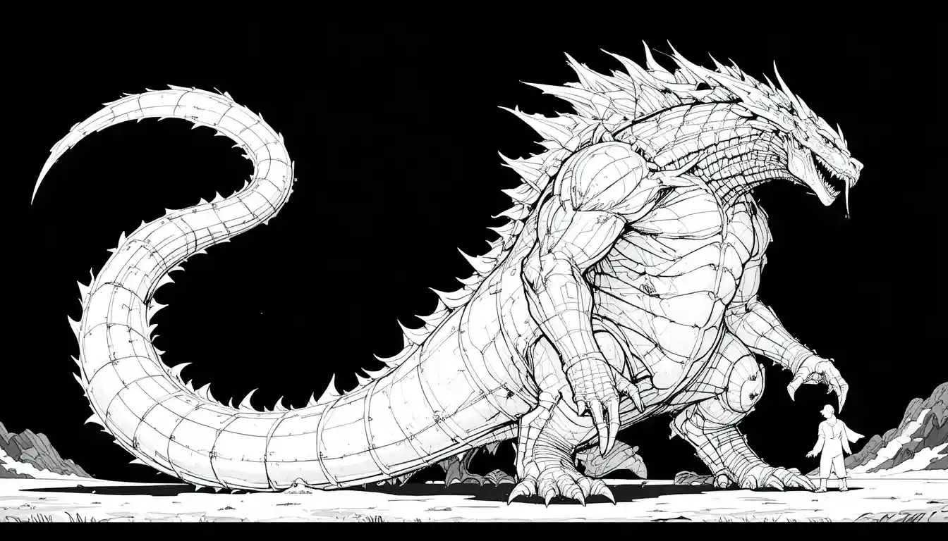 Disegno in bianco e nero di una gigantesca creatura mitica spinata