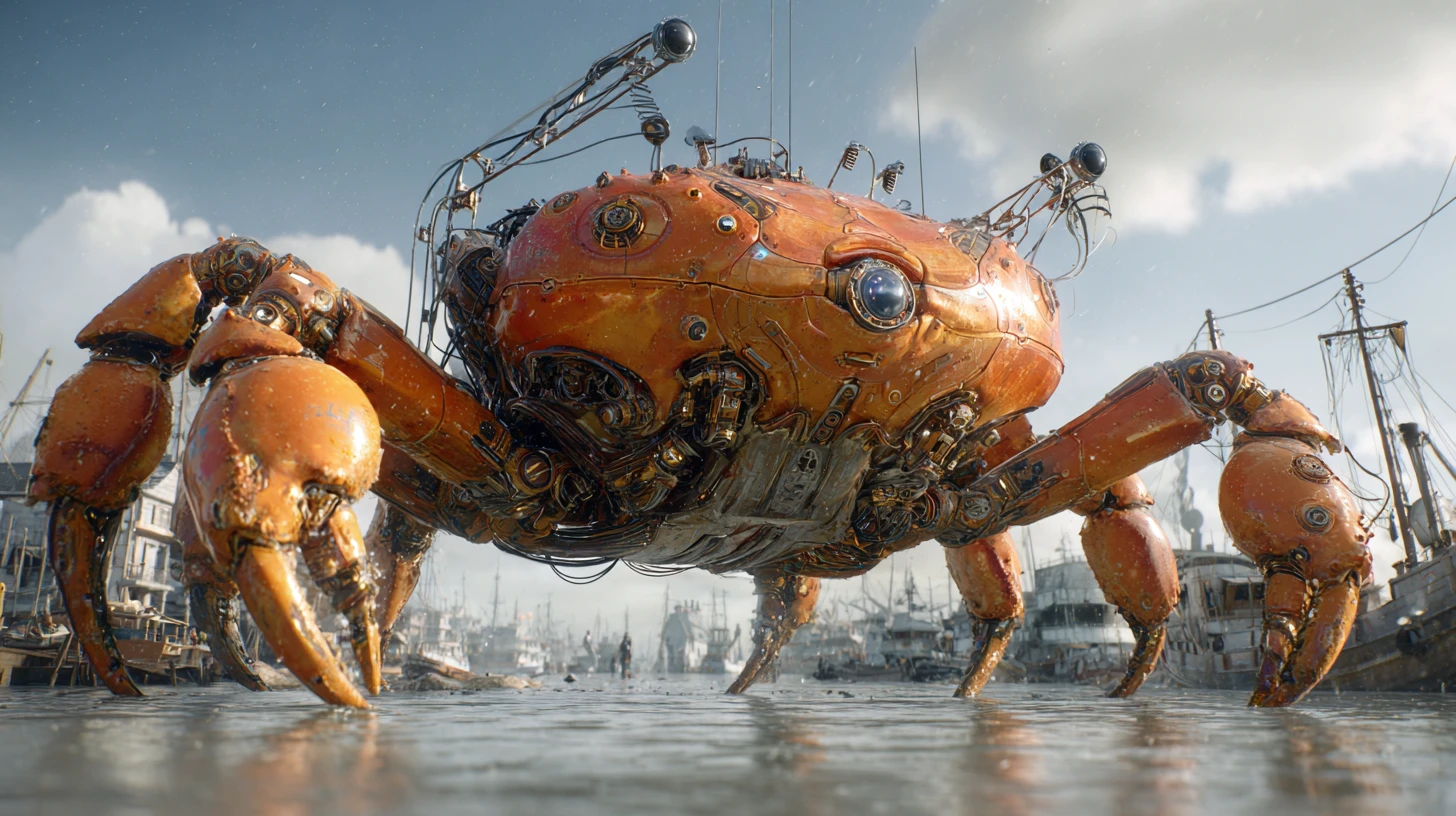 Granchio cyborg gigante che attacca un villaggio sul mare in tempesta