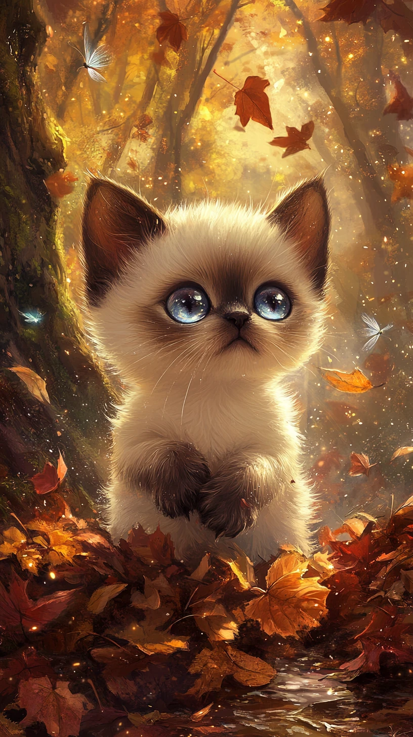 Filhote chibi de gato siamês brincando em um redemoinho de folhas de outono