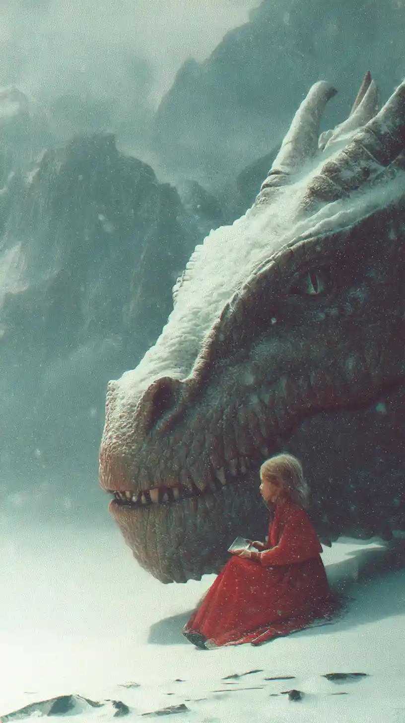 Mädchen in Rot neben einem Drachen auf verschneitem Bergplateau