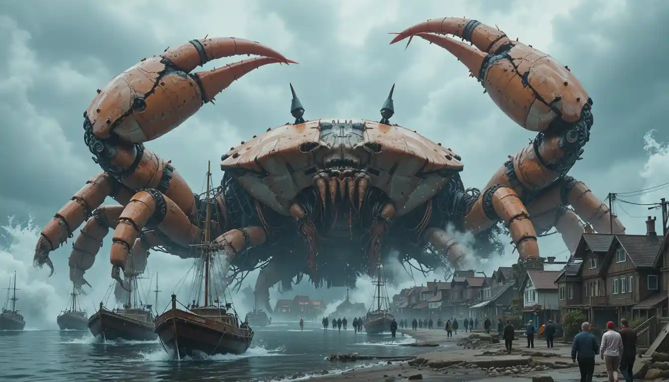 Granchio cyborg gigante che attacca un villaggio sul mare in tempesta
