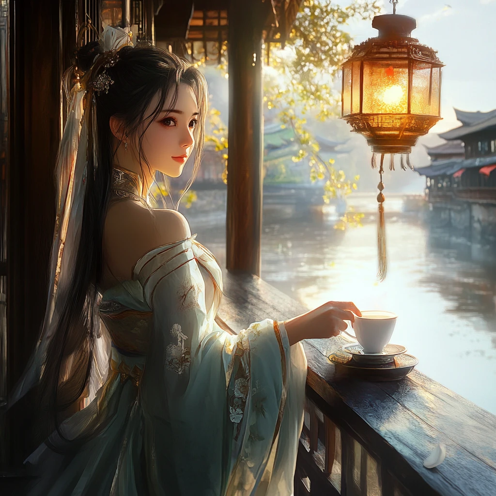 Silver haired sword woman drinking tea in riverside teahouse