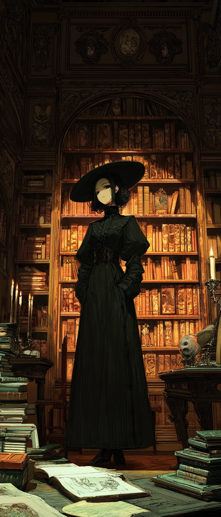 Bibliotecária de anime enigmática em uma biblioteca gótica à luz de velas