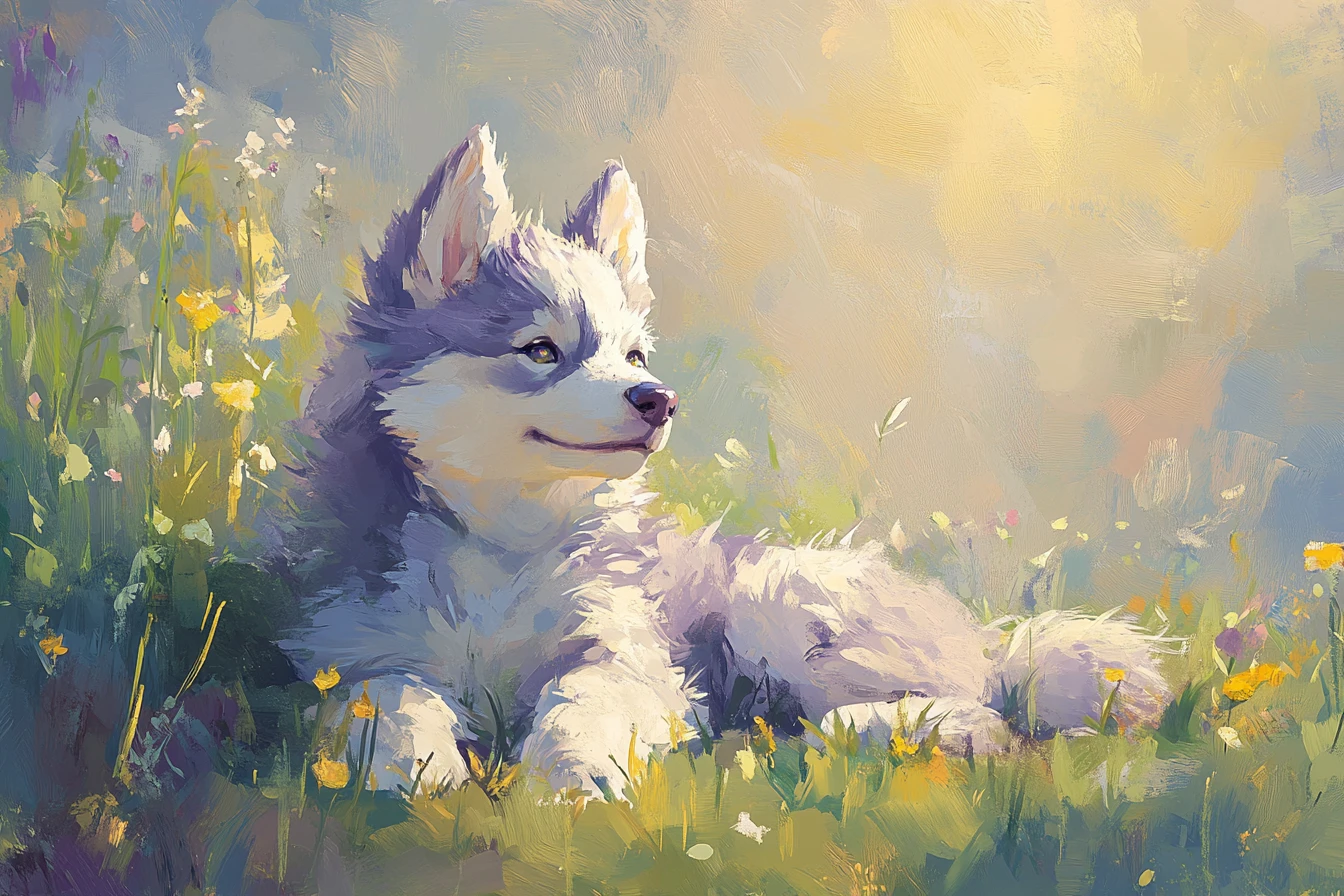 Filhote de husky fofinho brincando em um prado claro de primavera