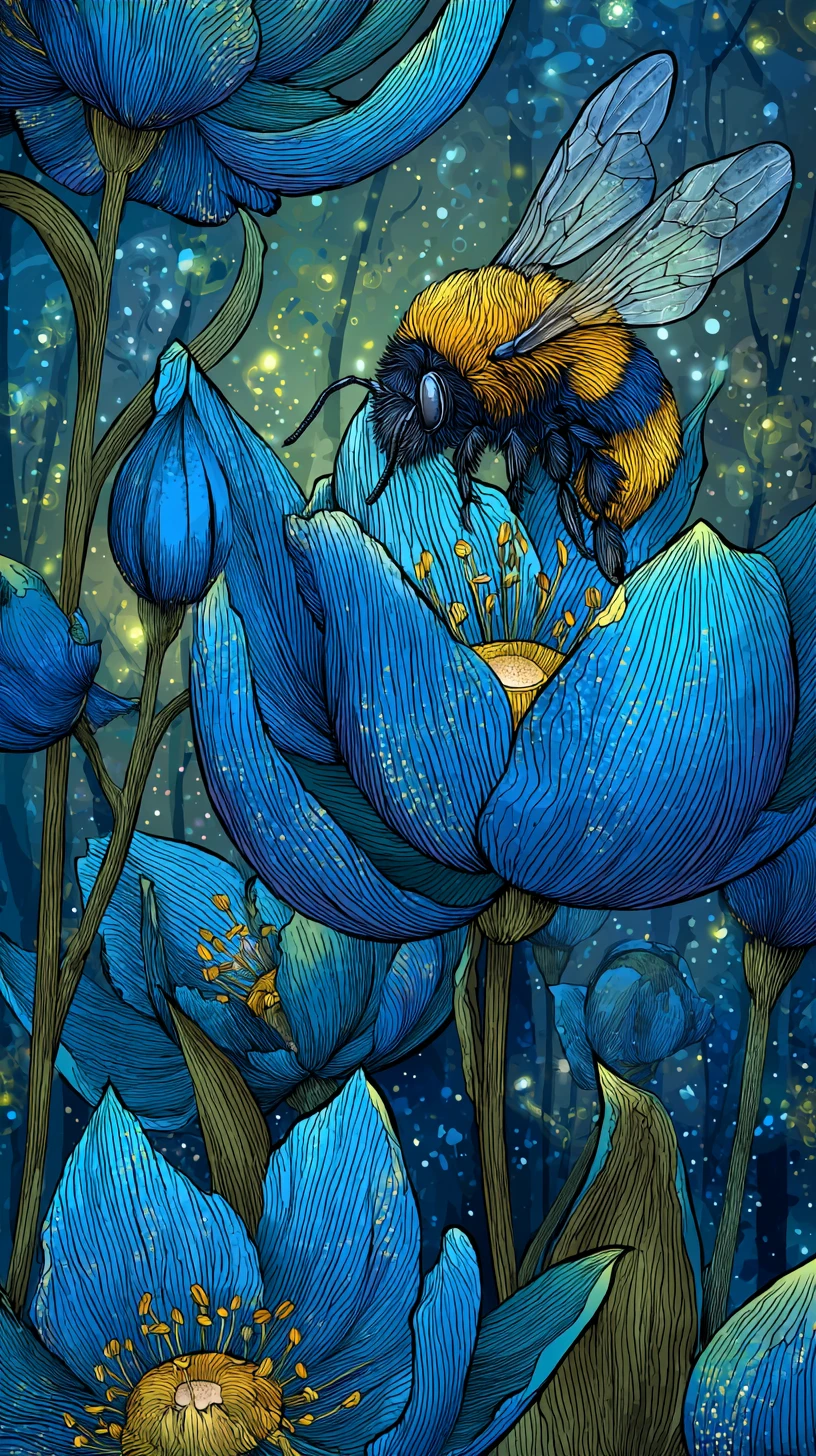 Adorável mamangava descansando em flores azuis brilhantes ao nascer do sol
