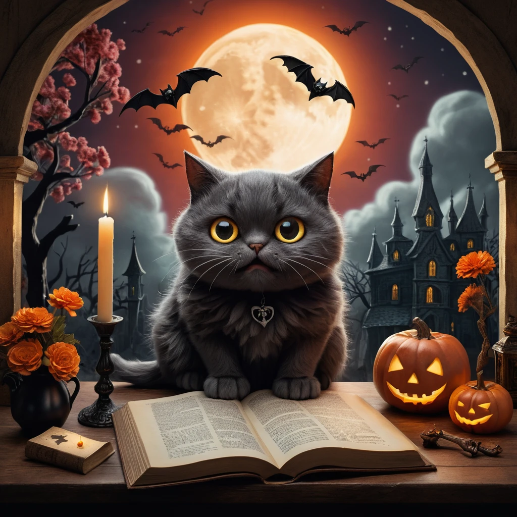 魔法のハロウィン村の本を見つめる三毛猫