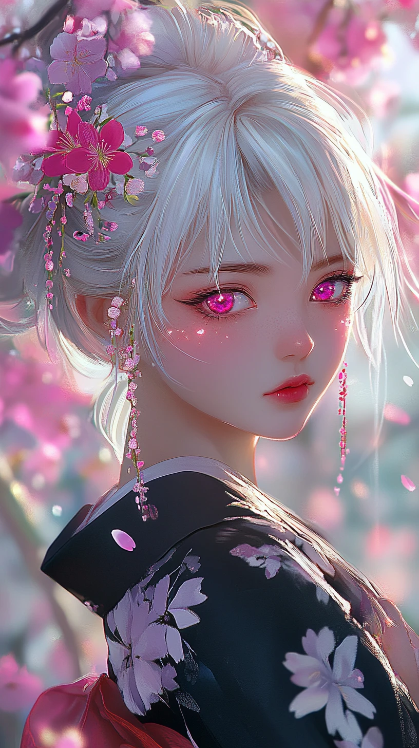 Garota de anime em quimono preto entre flores de cerejeira brilhantes