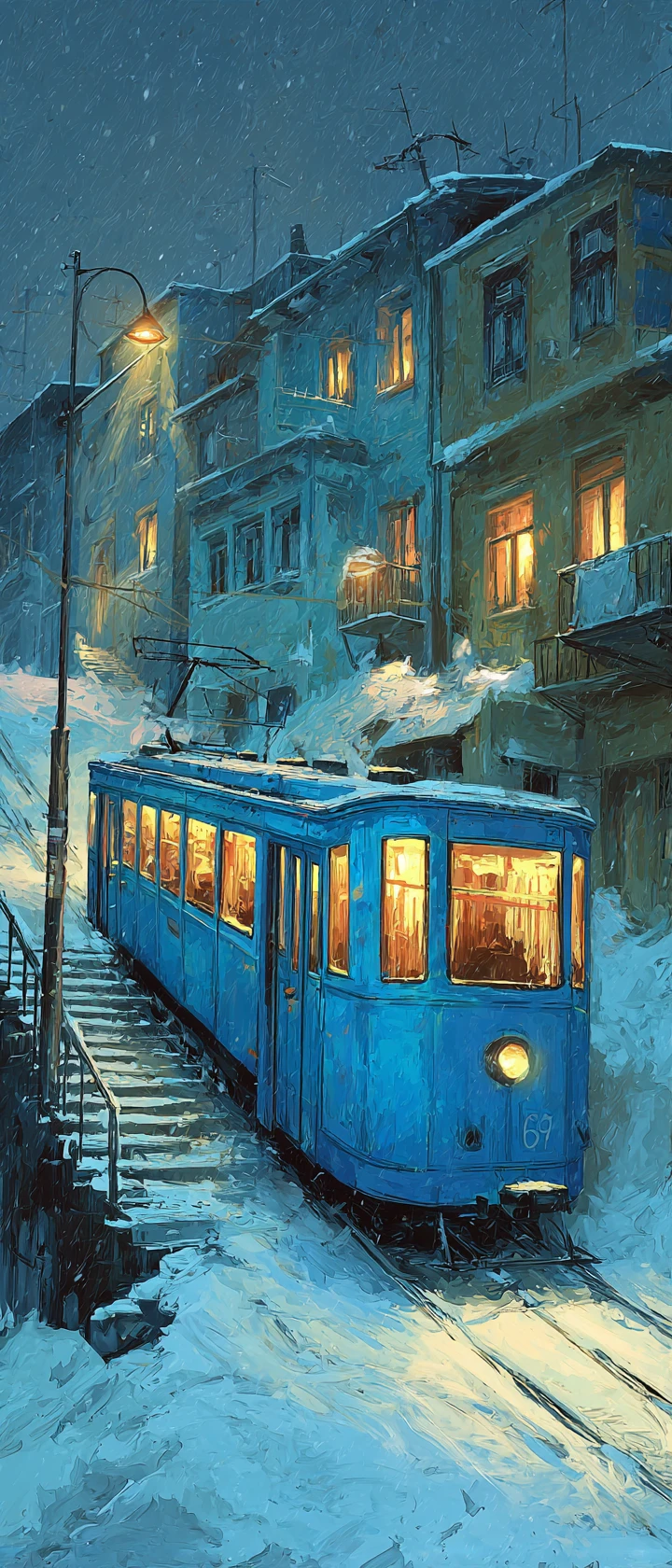 Tram bleu sur des rails enneigés à côté de bâtiments éclairés chaleureusement