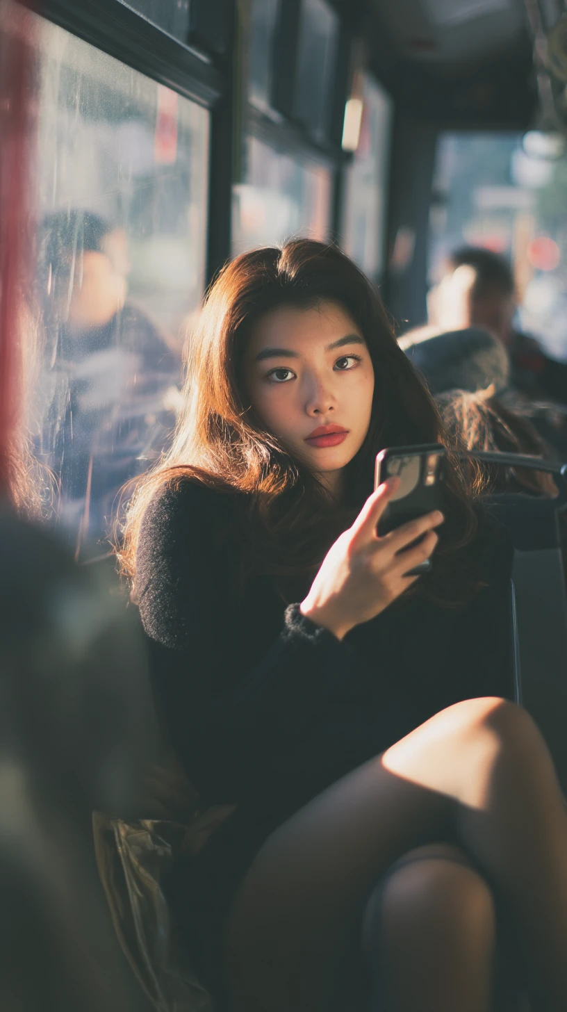Mulher asiática usando o celular em um ônibus pela manhã