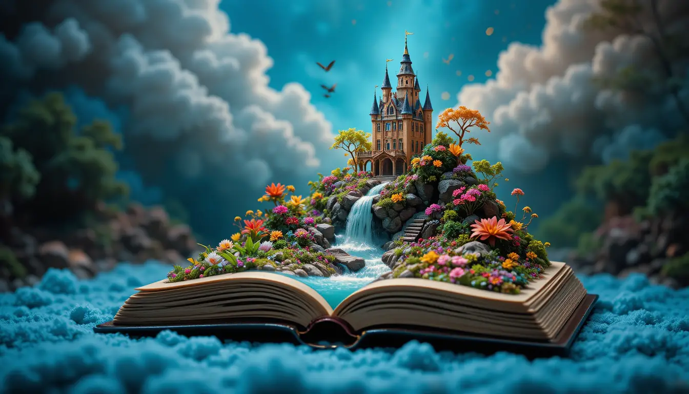 Miniatura di libro aperto che rivela un rigoglioso giardino da fiaba