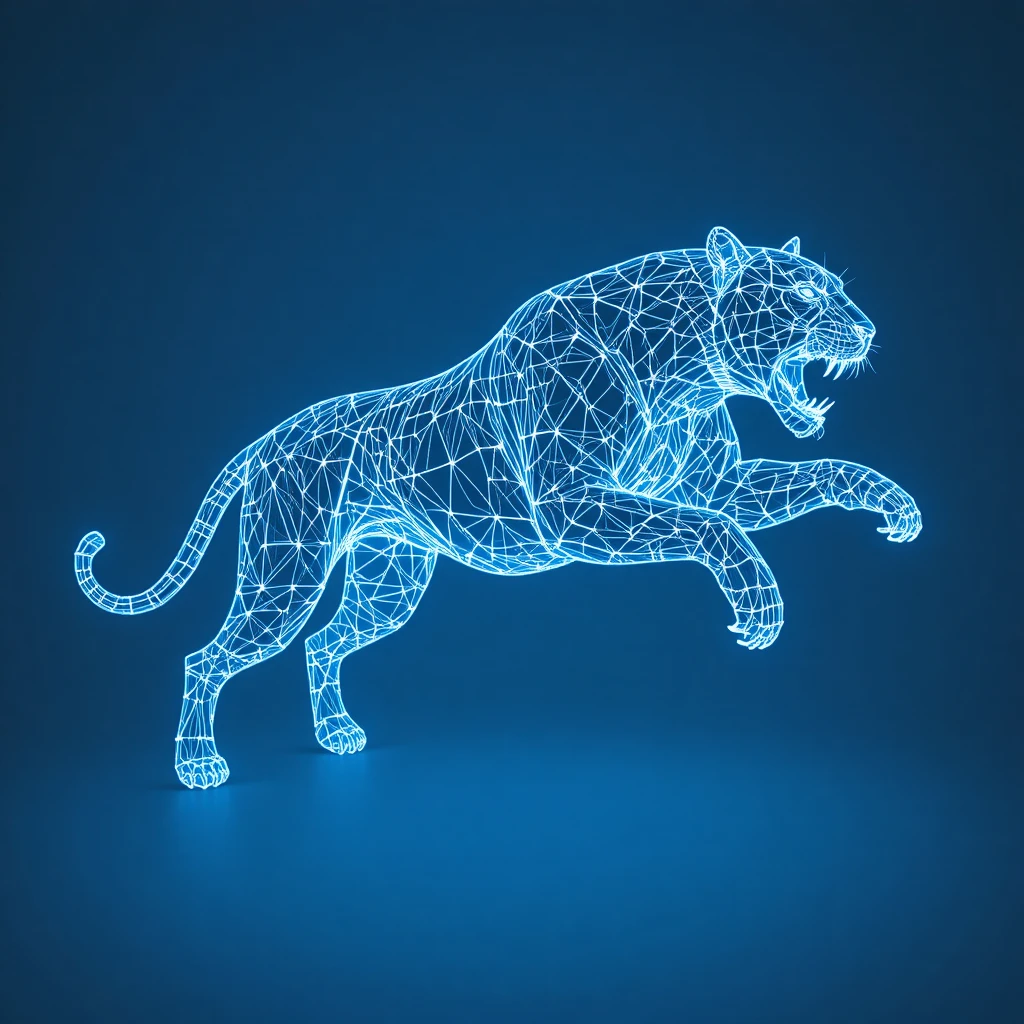 Springender Tiger in leuchtender geometrischer Drahtgitter-Illustration