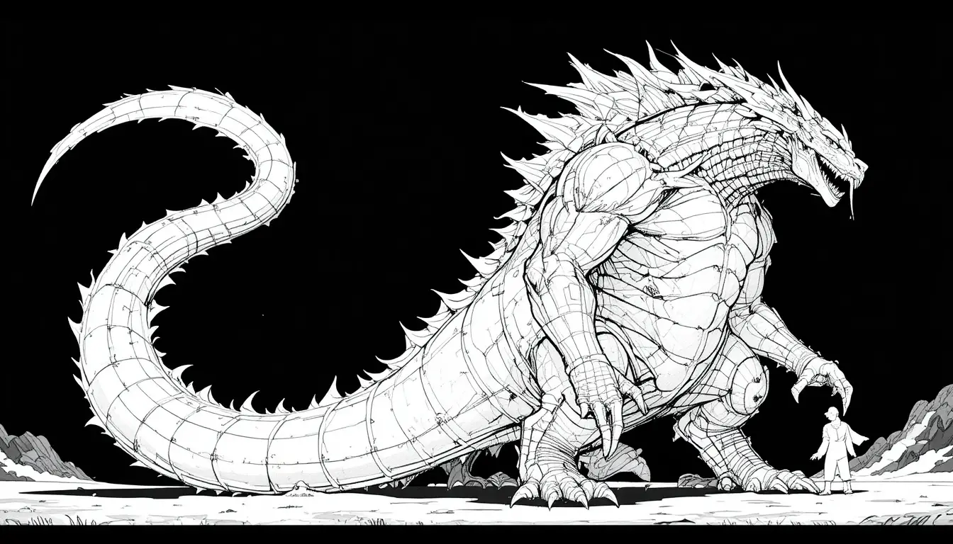 Dessin en noir et blanc d’une créature mythique massive et hérissée de pointes