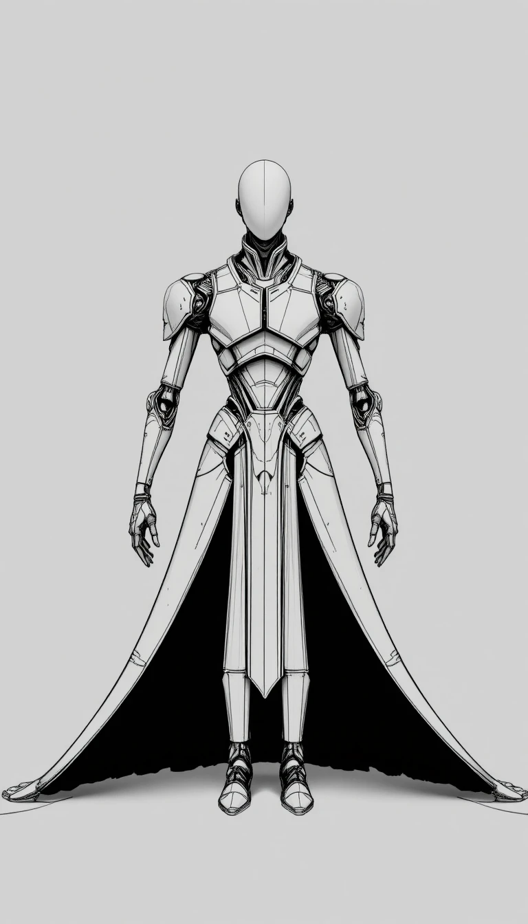 Symmetrical robotic figure in stylized armor front view