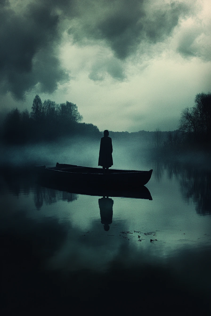 Surreal cinematic landscape of fading fate and reflection