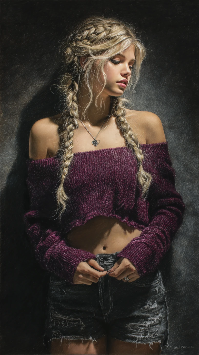 Moody pencil portrait of a braided blonde woman in sweater