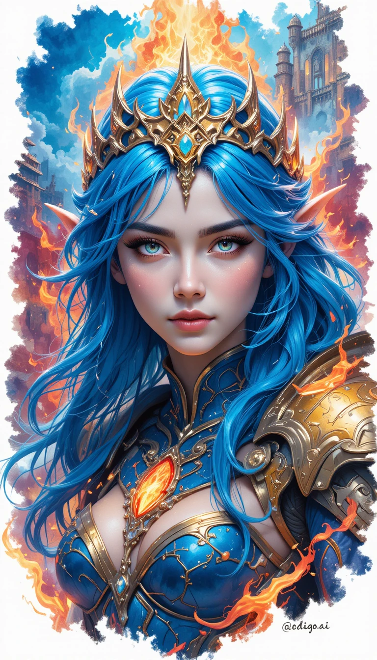Rainha de fantasia de cabelo azul em armadura dourada flamejante