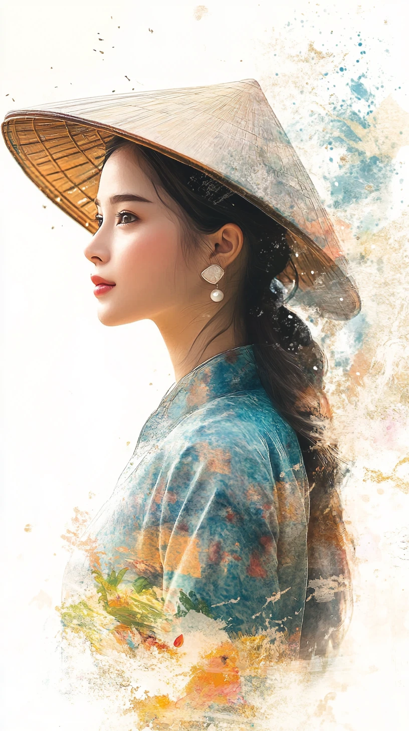 옆모습의 베트남 여성, 형형색색의 추상 물감으로 녹아드는 모습