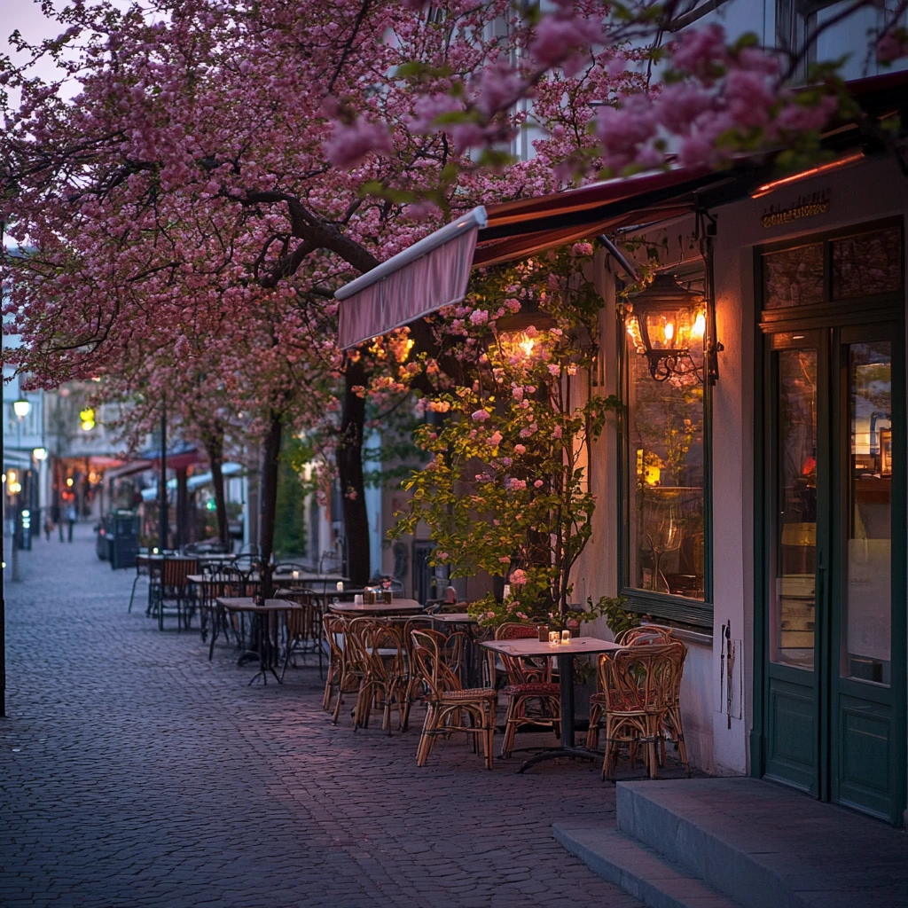 Dreamy pastel street cafe under blooming cherry trees