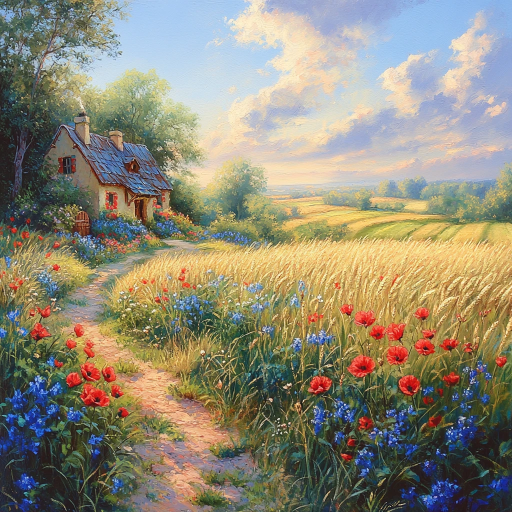 Friedliches Cottage neben Maisfeld und Wildblumenwiese