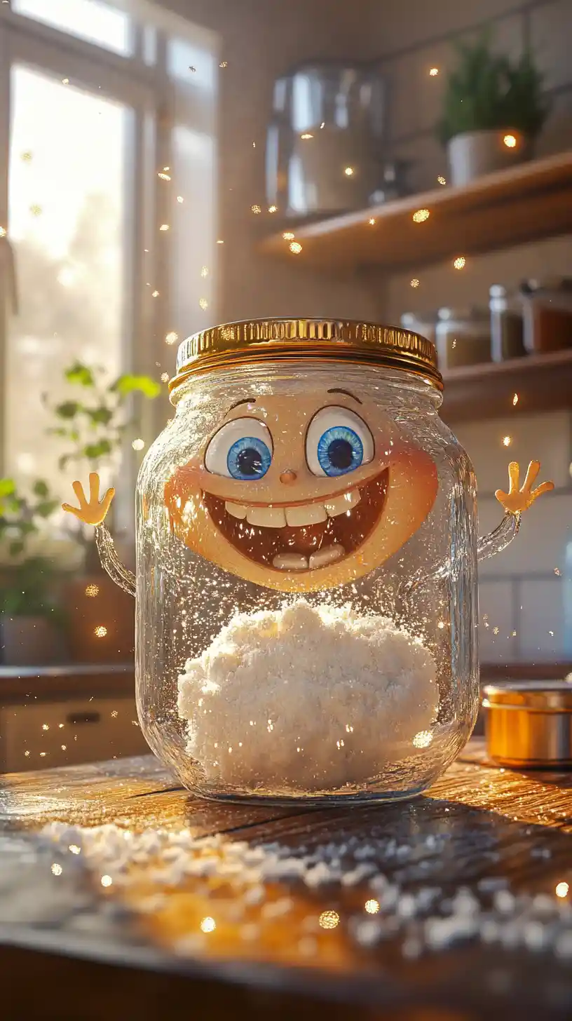 Smiling 3D Glass Jar Character In Cozy Kitchen Scene
