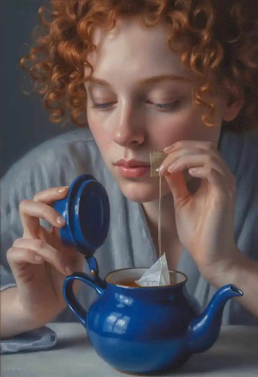 Young woman making tea in a serene oil painting close up