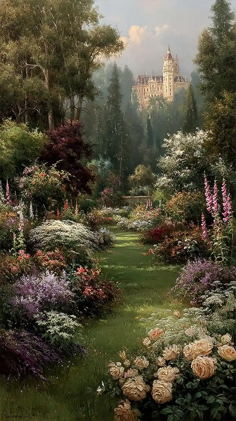 Giardino fiorito incantato che brilla nella morbida luce dorata della sera