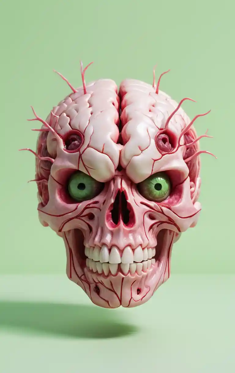Cerebro de caricatura saliendo del cráneo con ojos desorbitados