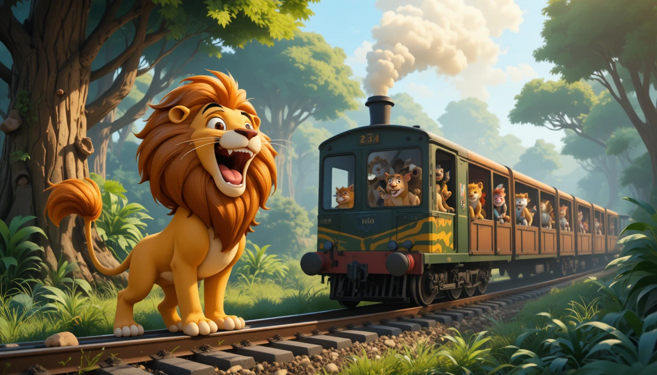 Leone cartoon giocoso che ruggisce accanto a un binario nella giungla
