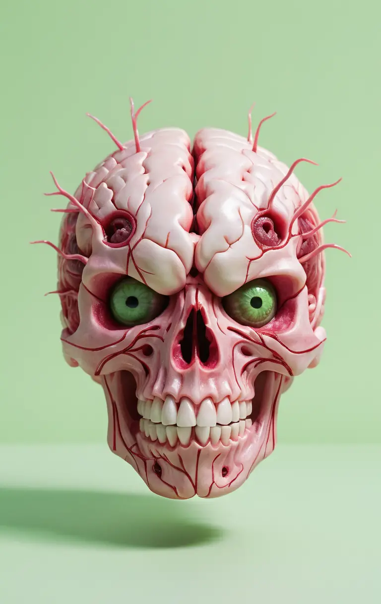 Cerebro de caricatura saliendo del cráneo con ojos desorbitados