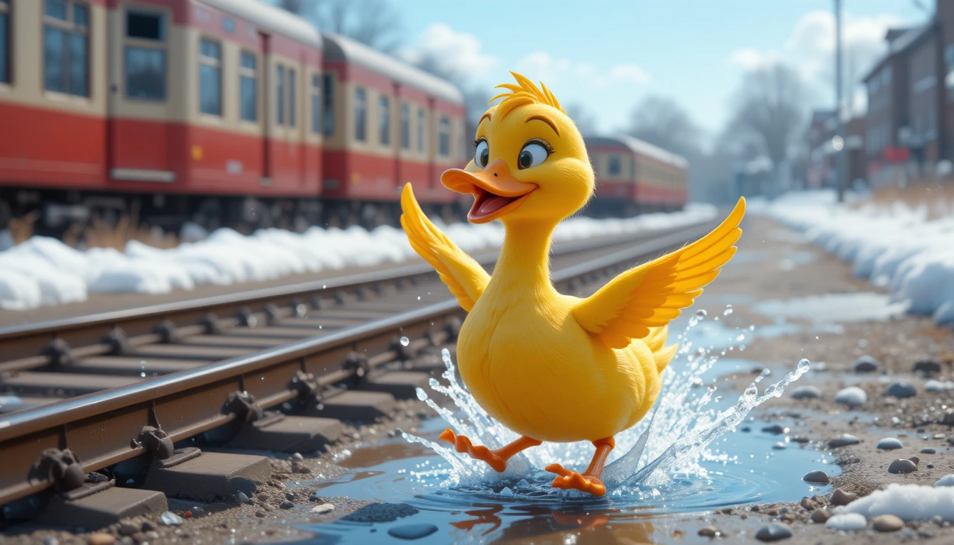 Anatroccolo giallo cartoon che schizza accanto ai binari del treno