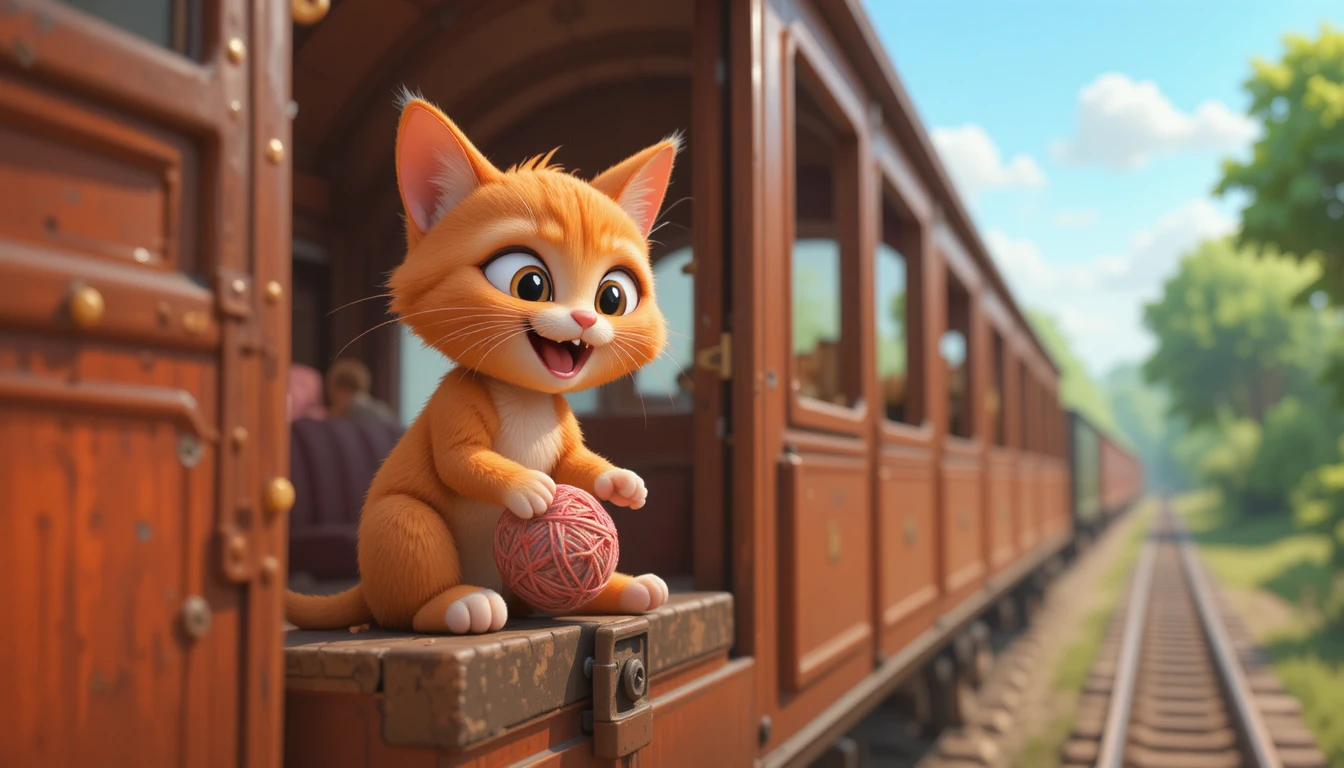 Gato 3D Laranja Brincalhão com Novelo de Lã em Vagão de Trem