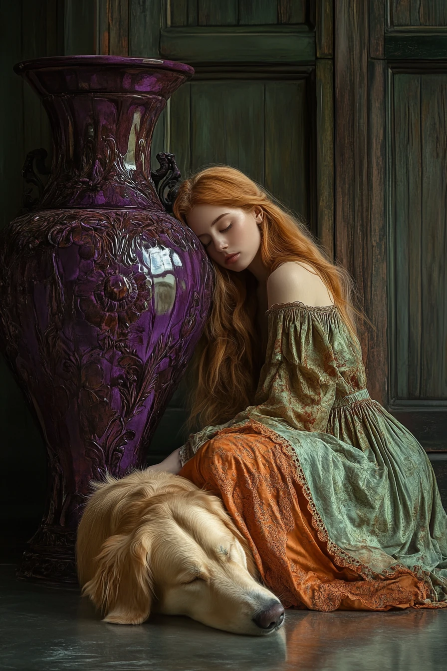 Sleeping woman with dog in a rustic fantasy interior