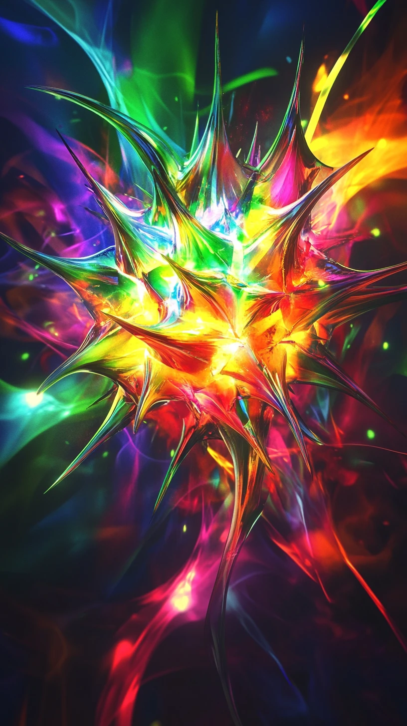 Glowing Abstract Object With Bold Outlines On Rainbow Background