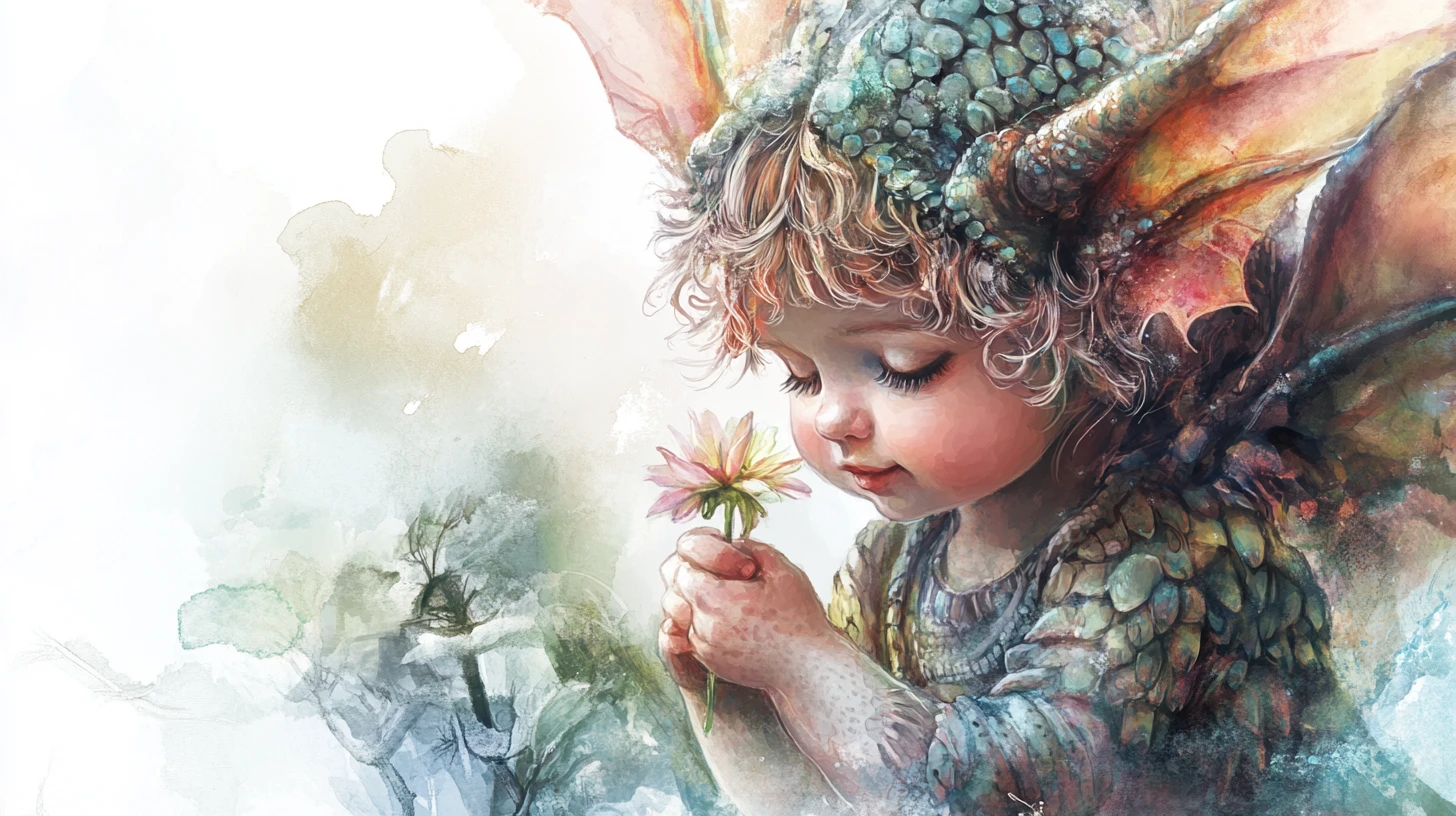 Winziger Babydrache mit Blume im weichen Aquarellstil