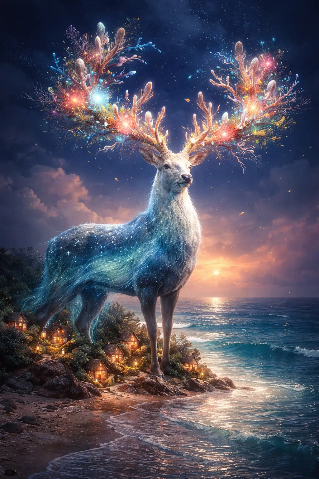 海邊佇立的珊瑚鹿角奇幻雄鹿